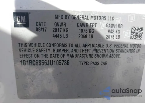 2018 Chevrolet Volt Lt из США, поврежденный, VIN 1G1RC6S56JU105736